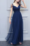 A-Line V-neck Long Tulle Bridesmaid Dress