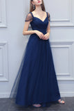 A-Line V-neck Long Tulle Bridesmaid Dress