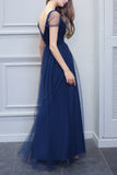 A-Line V-neck Long Tulle Bridesmaid Dress