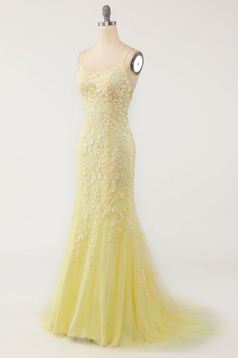 Yellow Mermaid Long Prom Dress with Appliques