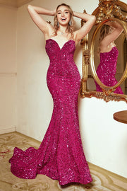 Mermaid Sweetheart Fuchsia Sequins Long Prom Dress with Sweep Train