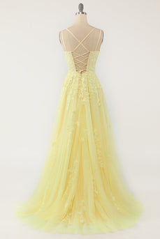 Yellow Spaghetti Straps Prom Dress