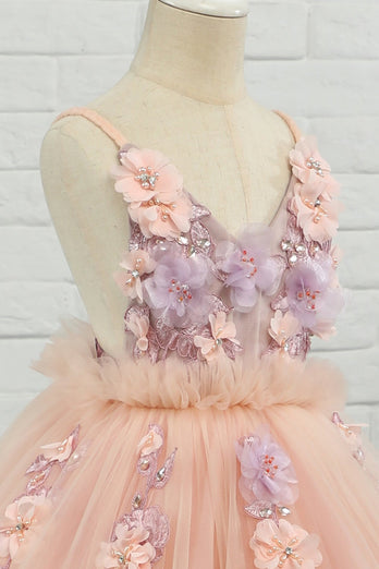 Pink Tulle Spaghetti Straps Flower Girl Dress