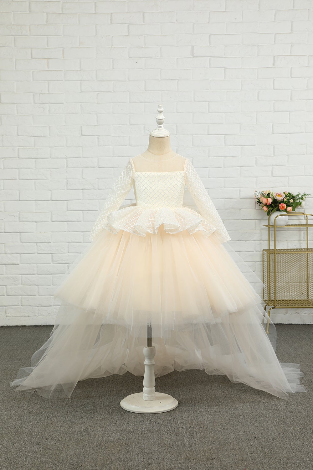 Apricot High-low Flower Girl Dress with Bow