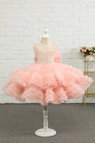 Pink Beading Tulle Flower Girl Dress with Bow