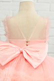 Pink Beading Tulle Flower Girl Dress with Bow