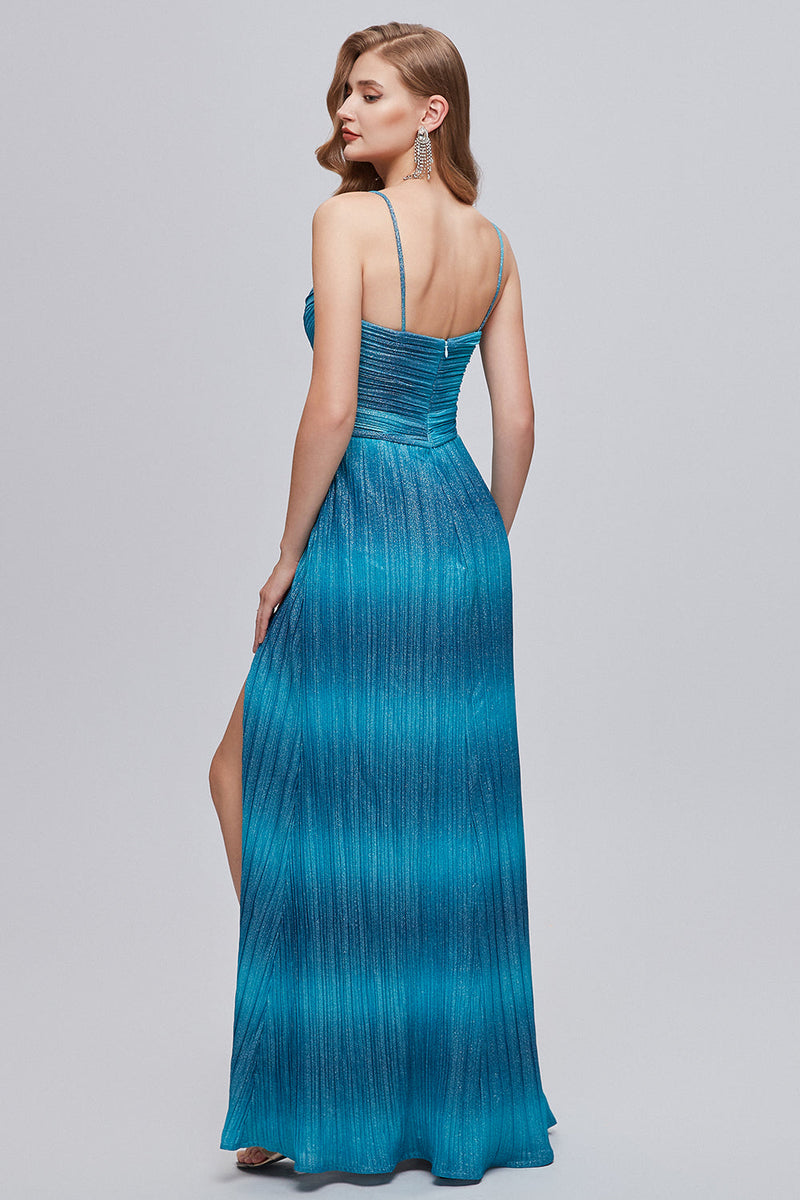 Load image into Gallery viewer, Blue Spaghetti Straps Formal Dress with Slit