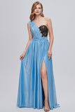 Blue One Shoulder Long Prom Dress with Appliques
