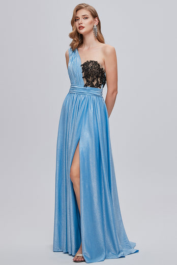 Blue One Shoulder Long Prom Dress with Appliques