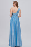 Blue One Shoulder Long Prom Dress with Appliques