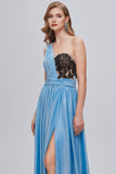 Blue One Shoulder Long Prom Dress with Appliques