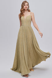 Golden Ruched A-Line Long Prom Dress