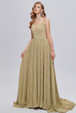 Golden Ruched A-Line Long Prom Dress