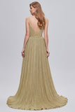 Golden Ruched A-Line Long Prom Dress