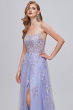 Lavender Spaghetti Straps Appliques Long Prom Dress with Slit