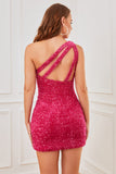 Rose Pink One Shoulder Sequins Tight Graduation Dress