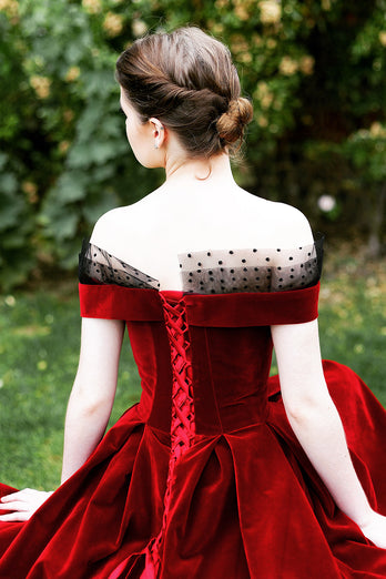 Burgundy Off the Shoulder Velvet Dress