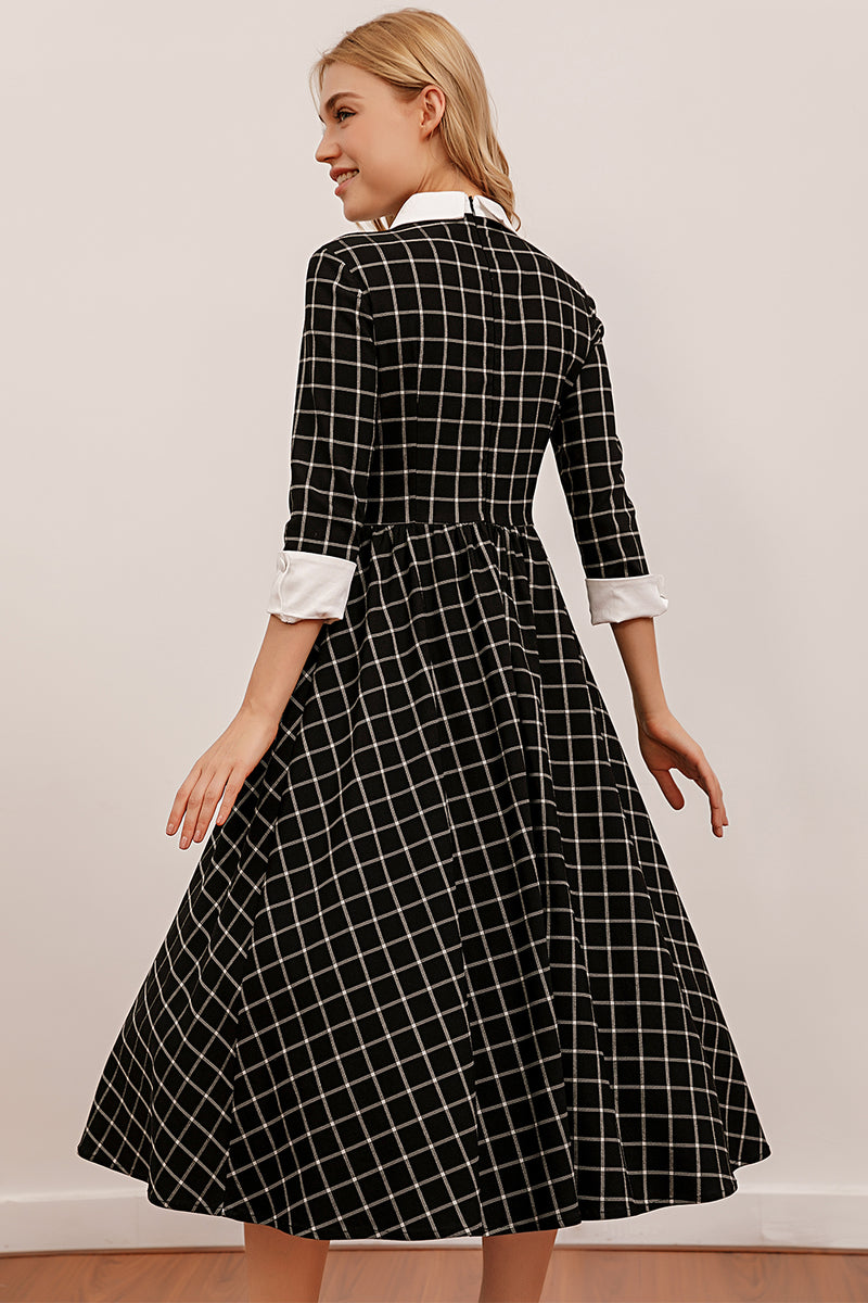 Load image into Gallery viewer, Vintage Black Plaid Midi Swing Dress