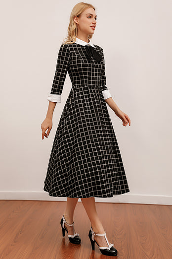 Vintage Black Plaid Midi Swing Dress
