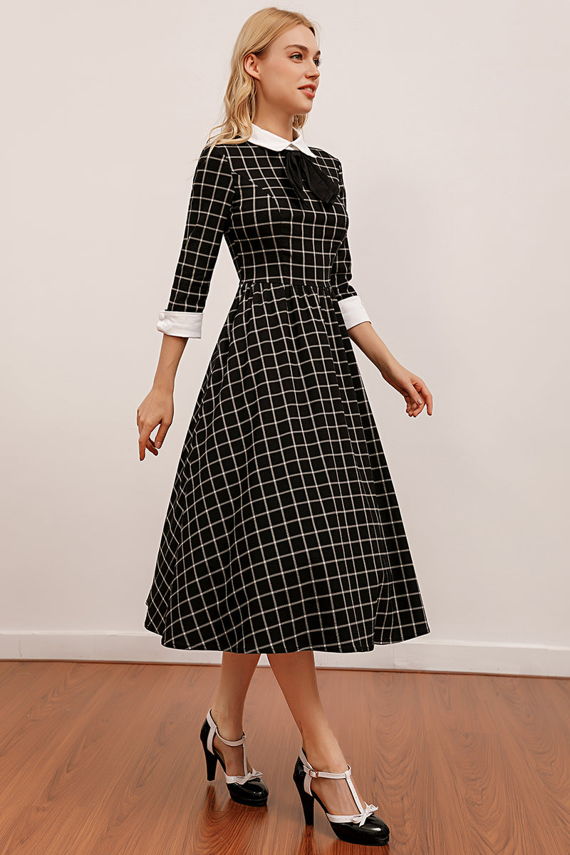 Load image into Gallery viewer, Vintage Black Plaid Midi Swing Dress
