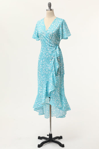 Summer Burgundy Print Wrap Casual Dress