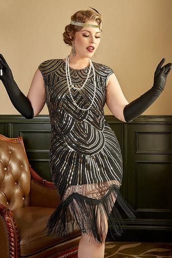 Golden Sequins Plus Size 1920s Dress with Fringes