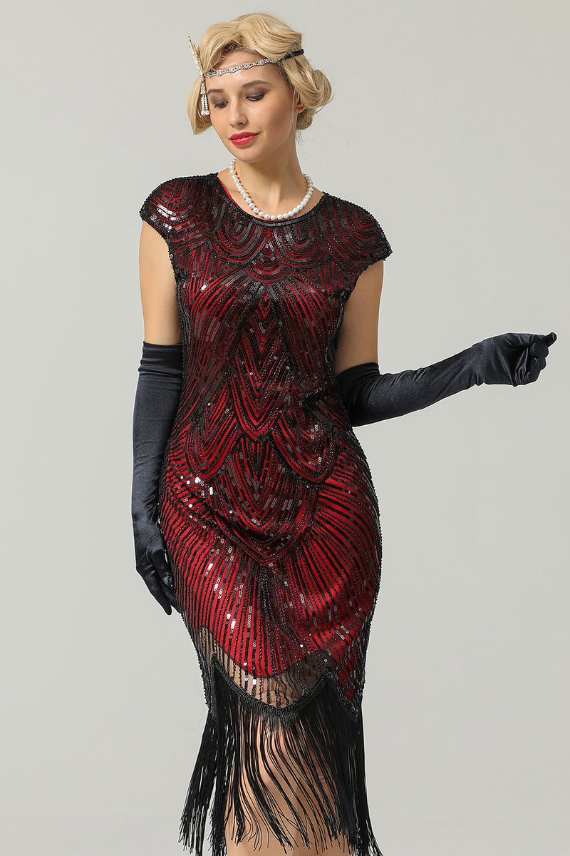 Load image into Gallery viewer, Burgundy Gatsby Glitter Fringe 1920s Dress