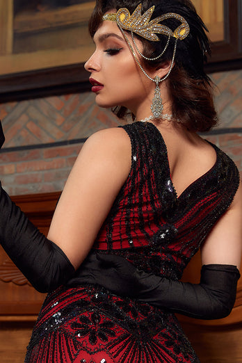 Red & Black Glitter Fringe 1920s Flapper Dress