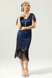 Navy Blue V Neck Sequin Fringe Flapper 1920s Dress