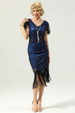 Navy Blue V Neck Sequin Fringe Flapper 1920s Dress