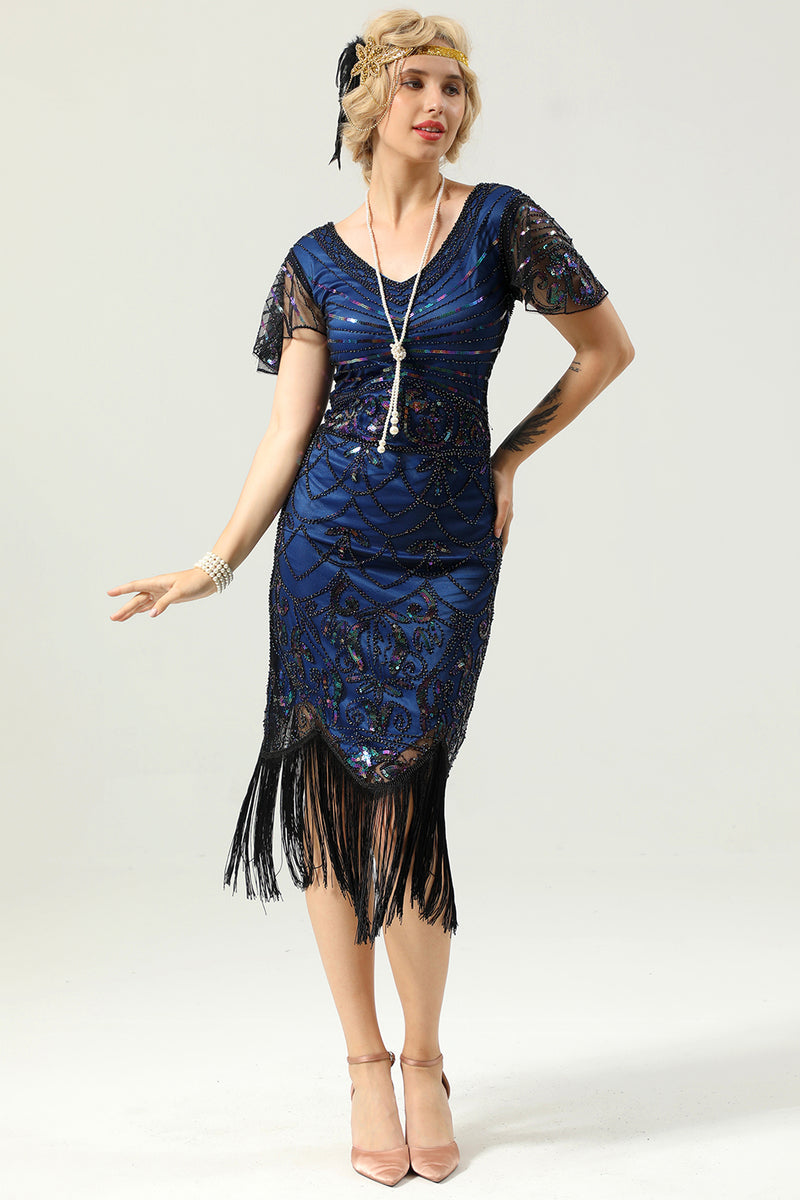 Load image into Gallery viewer, Navy Blue V Neck Sequin Fringe Flapper 1920s Dress