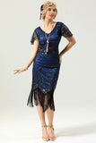 Navy Blue V Neck Sequin Fringe Flapper 1920s Dress