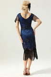 Navy Blue V Neck Sequin Fringe Flapper 1920s Dress