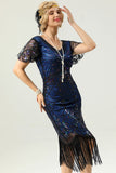 Navy Blue V Neck Sequin Fringe Flapper 1920s Dress