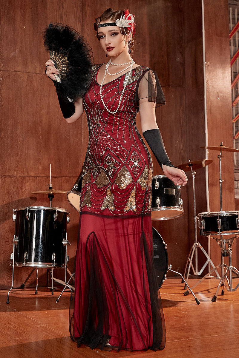 Load image into Gallery viewer, Burgundy Long 1920s Sequined Flapper Formal Dress