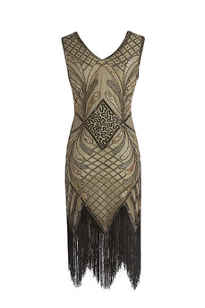 Black Fringe Gold Sequin 1920s Dress