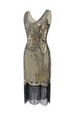 Gold V Neck 1920s Fringe Sequin Flapper Dress