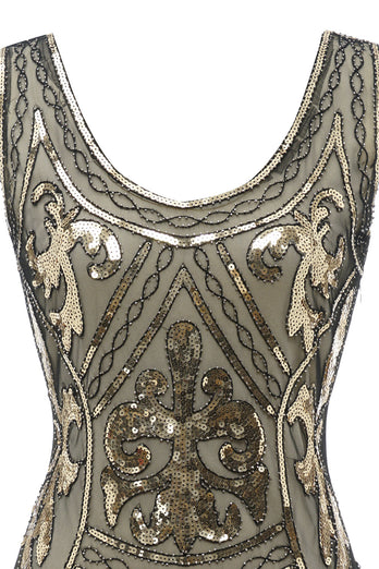 Gold V Neck 1920s Fringe Sequin Flapper Dress