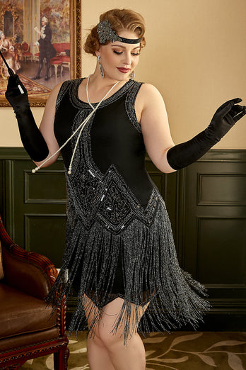 Black Plus Size 1920s Flapper Dress With Fringes