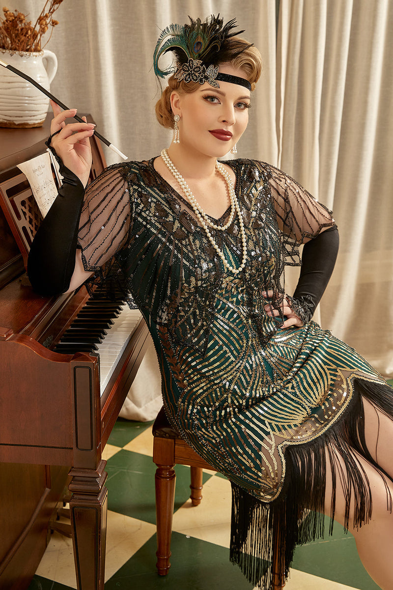 Load image into Gallery viewer, Plus Size 1920s Green Sequined Flapper Dresses