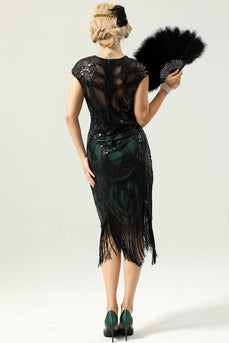 Black and Green Sequins 1920s Dress with Fringes