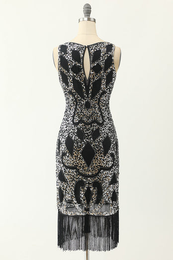 Scoop Neck Black Silver 1920s Dress