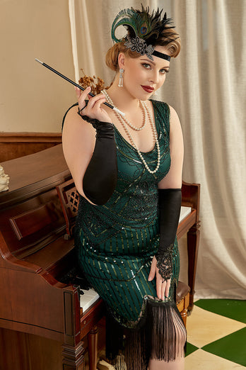Dark Green Plus Size 1920s Dress With Fringes