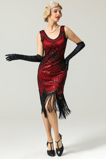 Red and Black Deep V Neck Flapper 1920s Dress