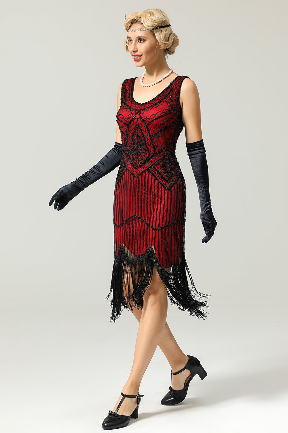 Zapaka Women 1920s Dress V Neck Red and Black Sequined Glitter Flapper ...