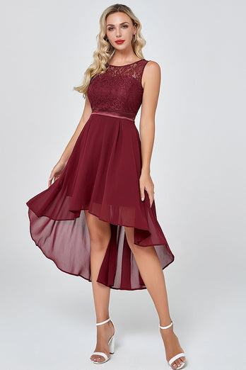 Burgundy High Low Chiffon Party Dress with Lace
