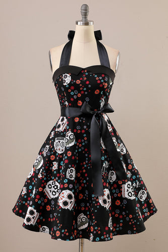 Vintage Skull Printed Halloween Pin Up Dress
