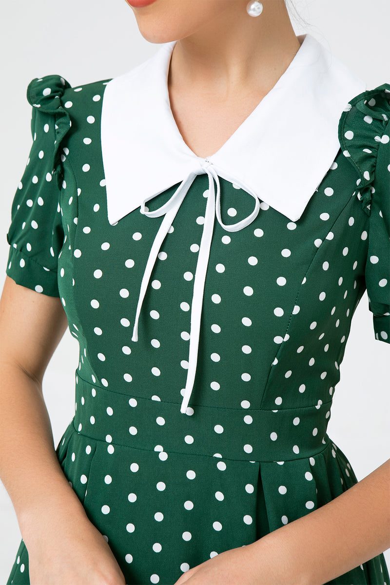 Load image into Gallery viewer, Retro Style Polka Dots Green Swing Dress