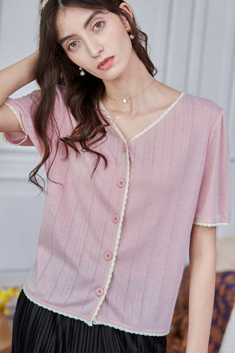 Pink Short Sleeves Knitted Top
