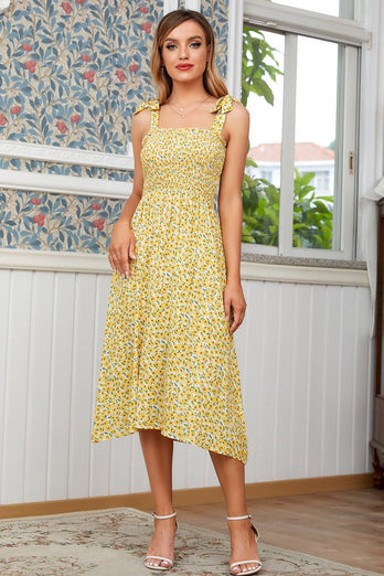 Yellow Floral Tea Length Summer Dress